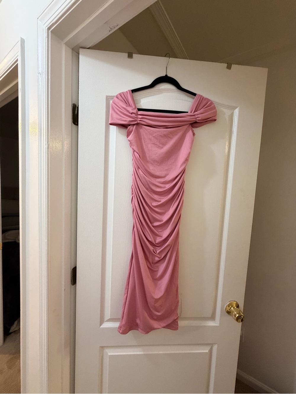 Pink Off-Shoulder Ruched Midi Dress